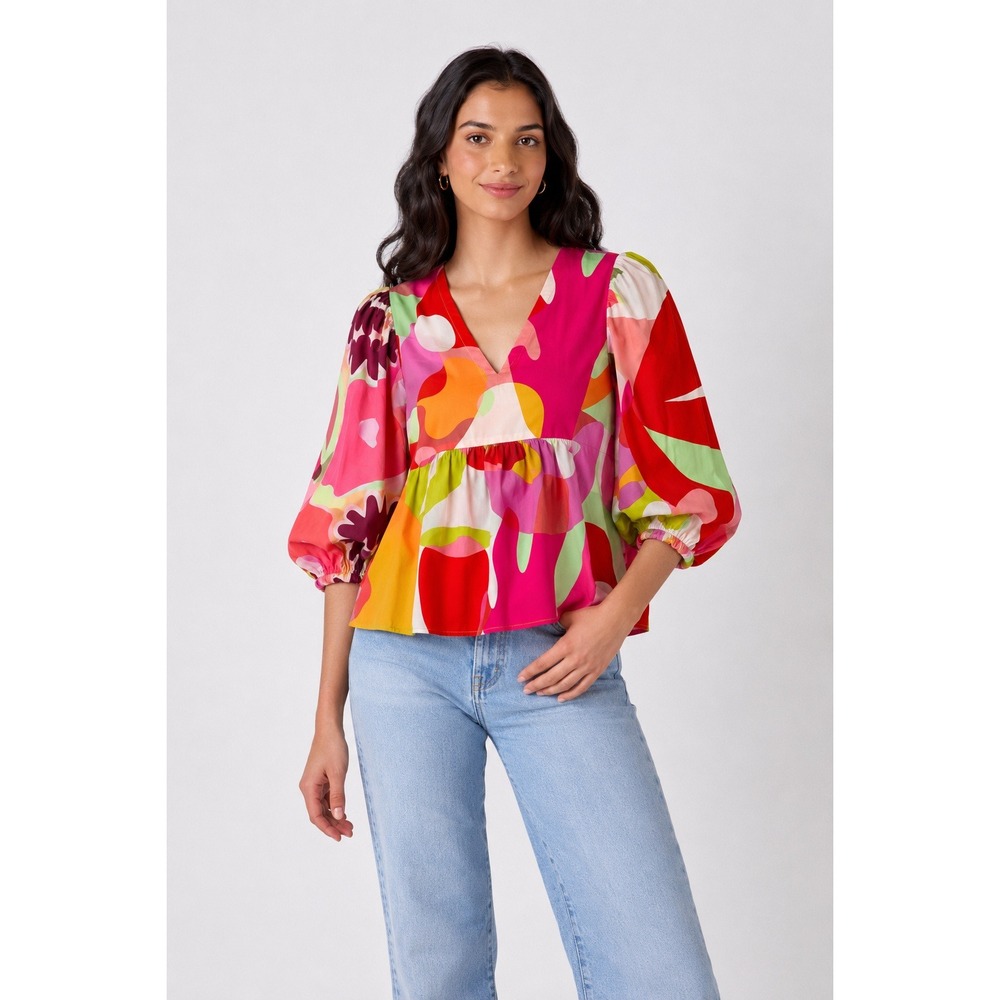 Crosby by Mollie Burch $176 Eleanor Night In Miami V-Neck Puff Sleeve Top Small‎